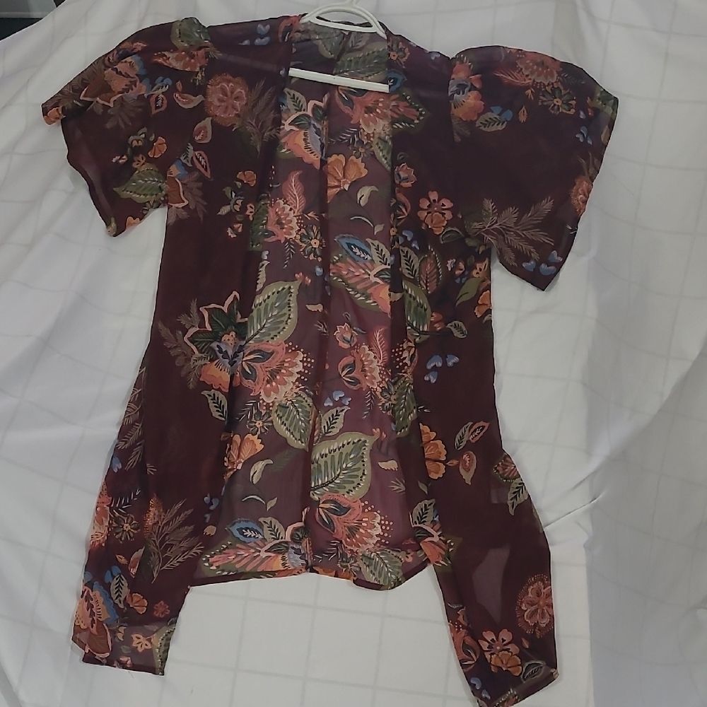 Maurices Burgundy Floral Sheer Open-Front Tunic Cardigan
